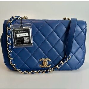 CHANEL Blue Quilted Lambskin Shoulder Bag with Gold Hardware